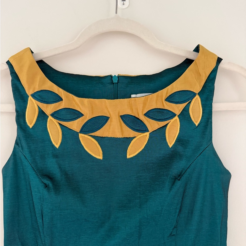 Bettie Page cocktail pencil Teal Dress with Gold Leaf Detail